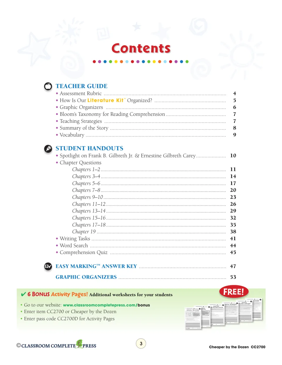 Contents lists the teacher guide, chapter questions, writing tasks, quiz, answer key, and graphic organizers.