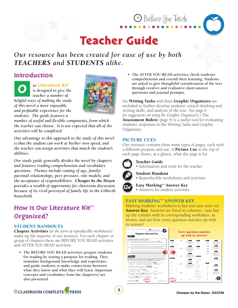 Teacher guide explains before- and after-reading activities, six writing tasks, and the answer key system.