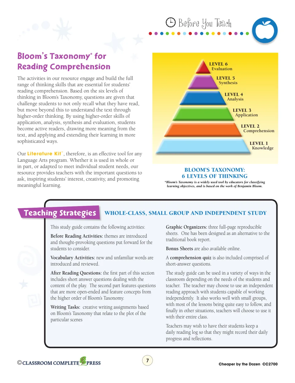 Teacher guide explains Bloom’s six thinking levels and strategies for whole-class, group, and independent study.