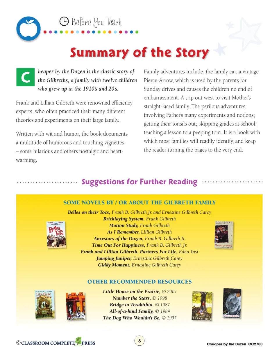 Story summary introduces the Gilbreths’ twelve children, their parents’ efficiency experiments, and family trips.