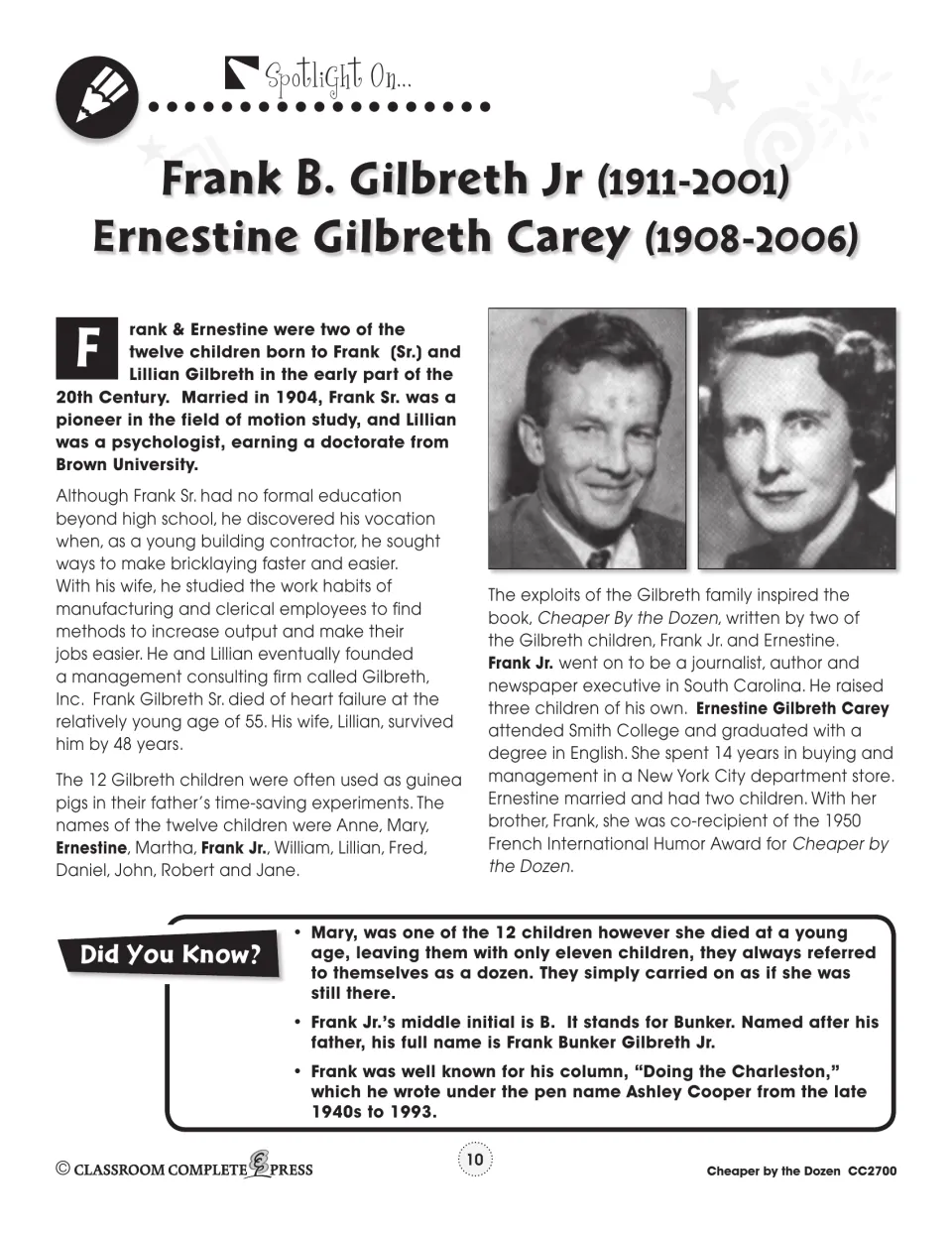 Author spotlight introduces Frank B. Gilbreth Jr. and Ernestine Gilbreth Carey through biographies and portraits.