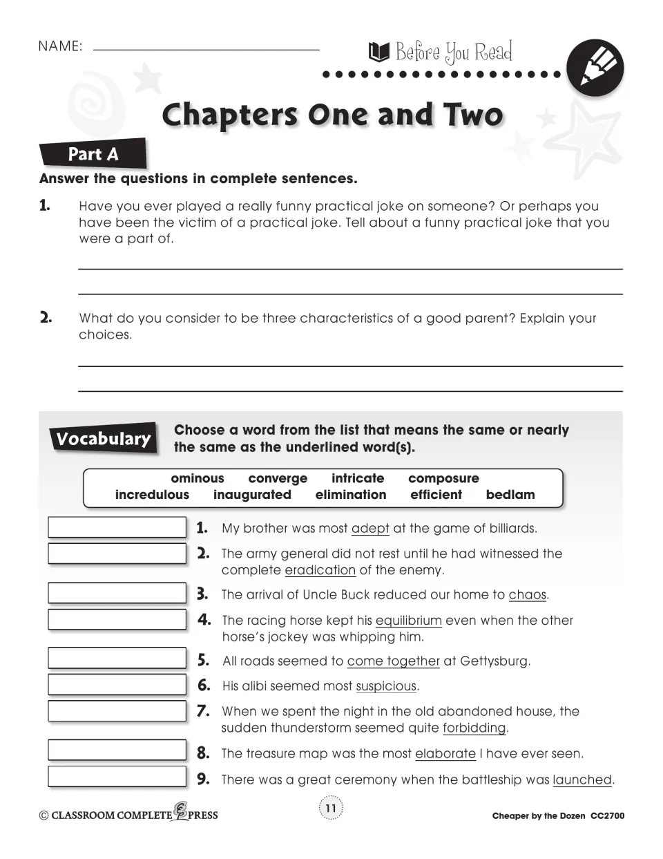 Chapters 1–2 pre-reading handout asks about practical jokes and good parents, then gives nine vocabulary items.