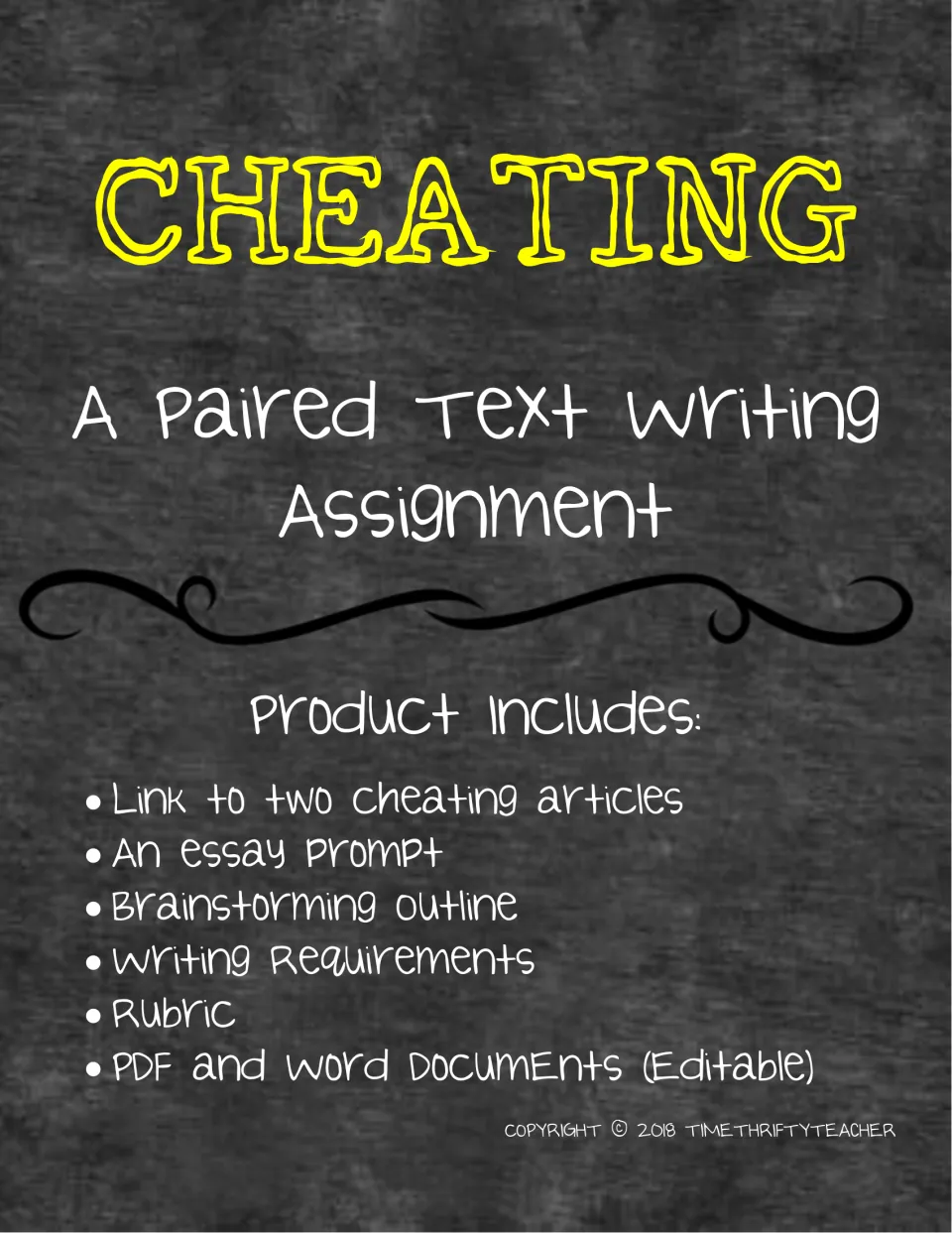 Cheating: A Paired Text Writing Assignment cover listing article links, essay prompt, outline, requirements and rubric