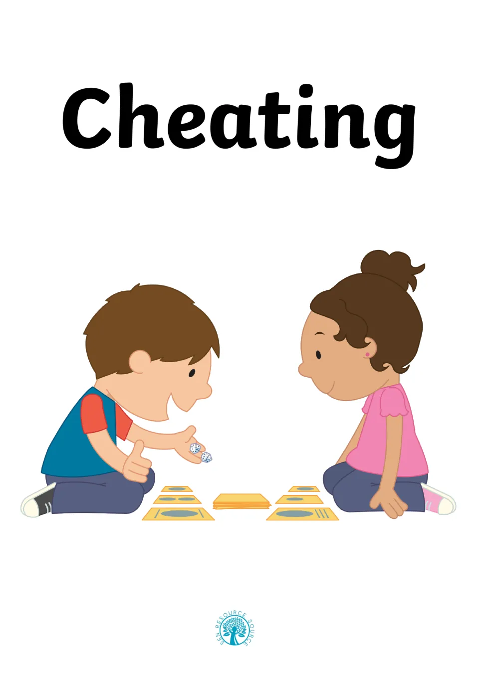 Cover of a social story titled Cheating: a boy holding dice kneels beside a girl over a card game on the floor