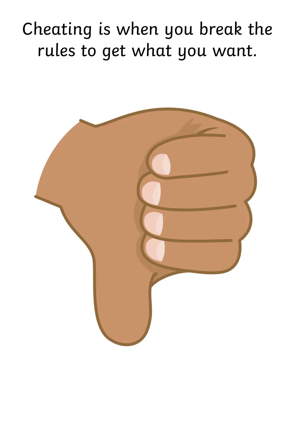 Defining cheating: the story explains it is breaking the rules to get what you want, shown with a thumbs-down hand
