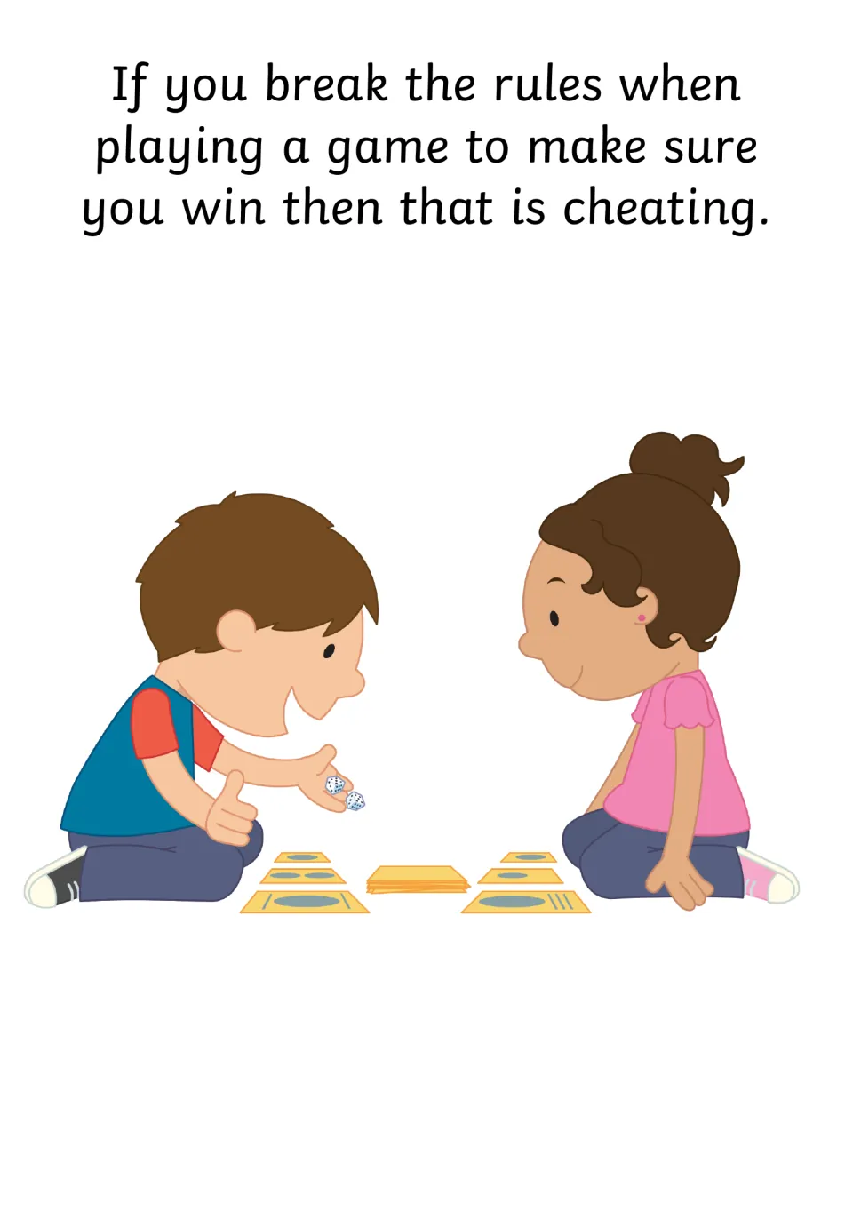 Cheating at games: a boy holding dice illustrates breaking the rules to make sure you win a card game with a girl