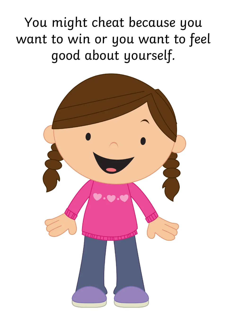Why people cheat: a smiling girl in a pink sweater illustrates wanting to win or wanting to feel good about yourself