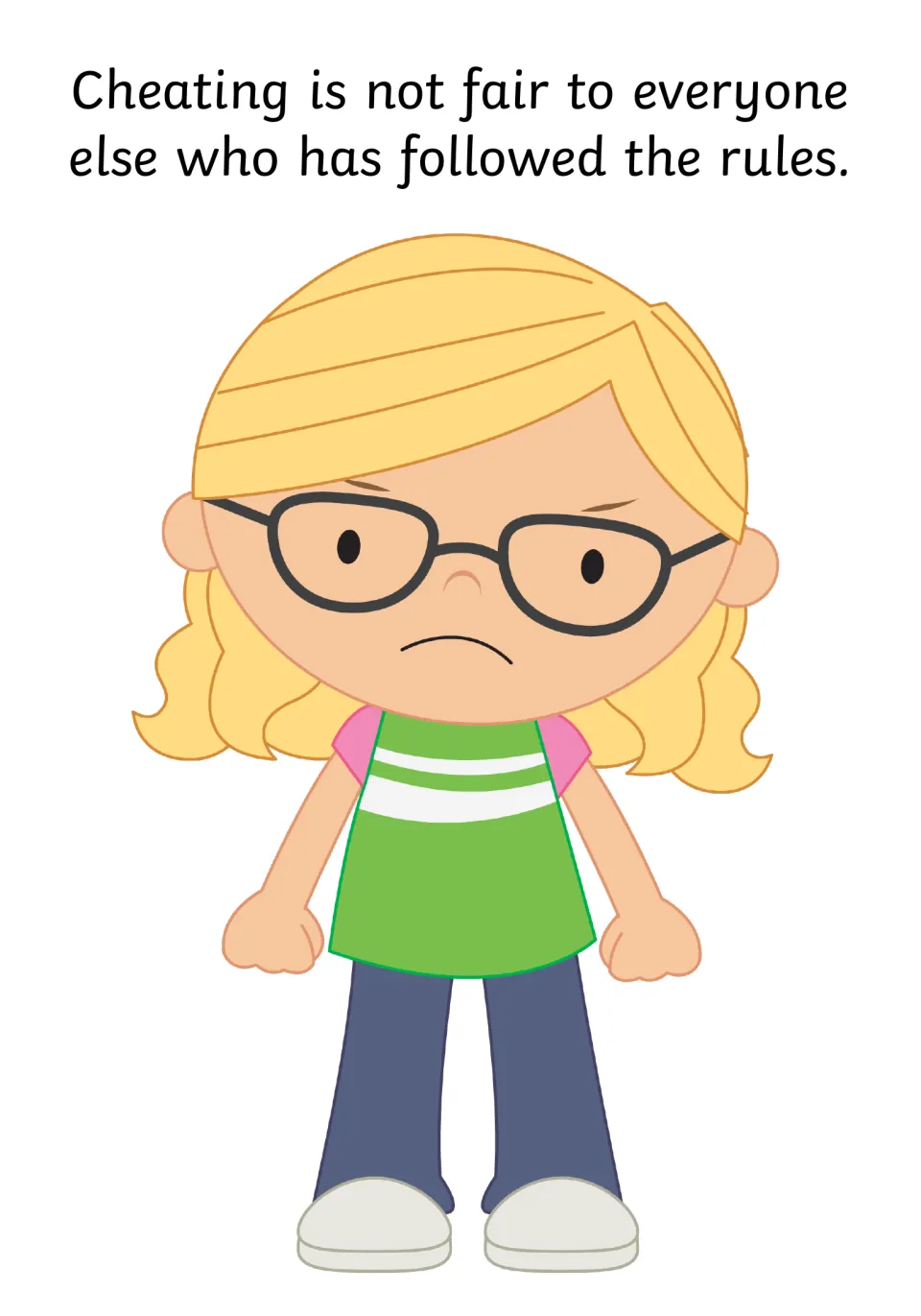 Fairness: a frowning girl in glasses with clenched fists shows cheating is not fair to others who followed the rules