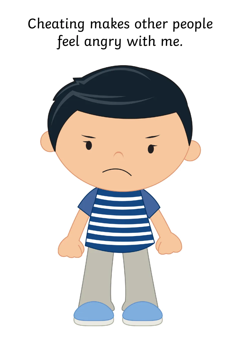 Anger as a consequence: a scowling boy in a striped shirt with fists shows cheating makes other people feel angry