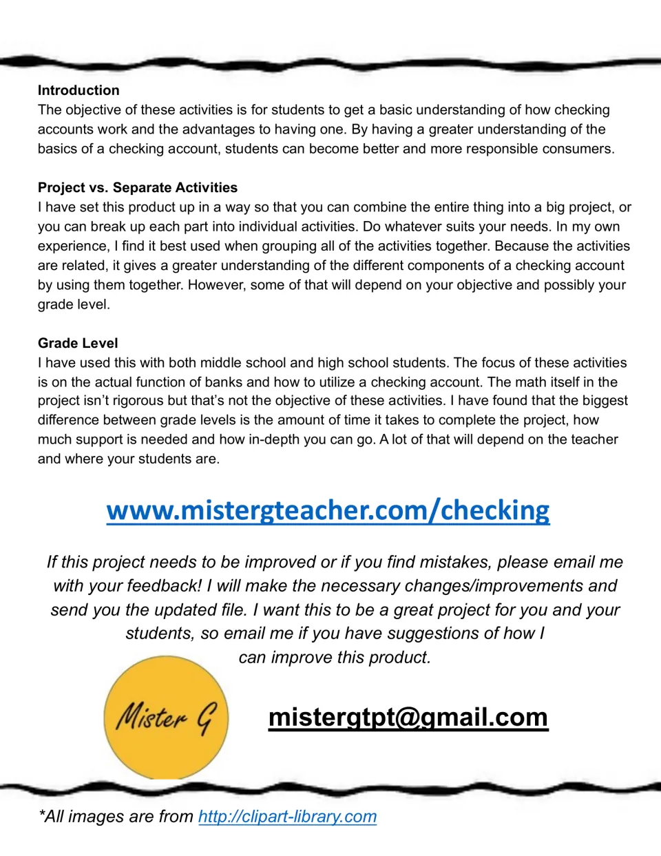 Teacher introduction to the checking account unit, with notes on running it as one big project or as separate activities