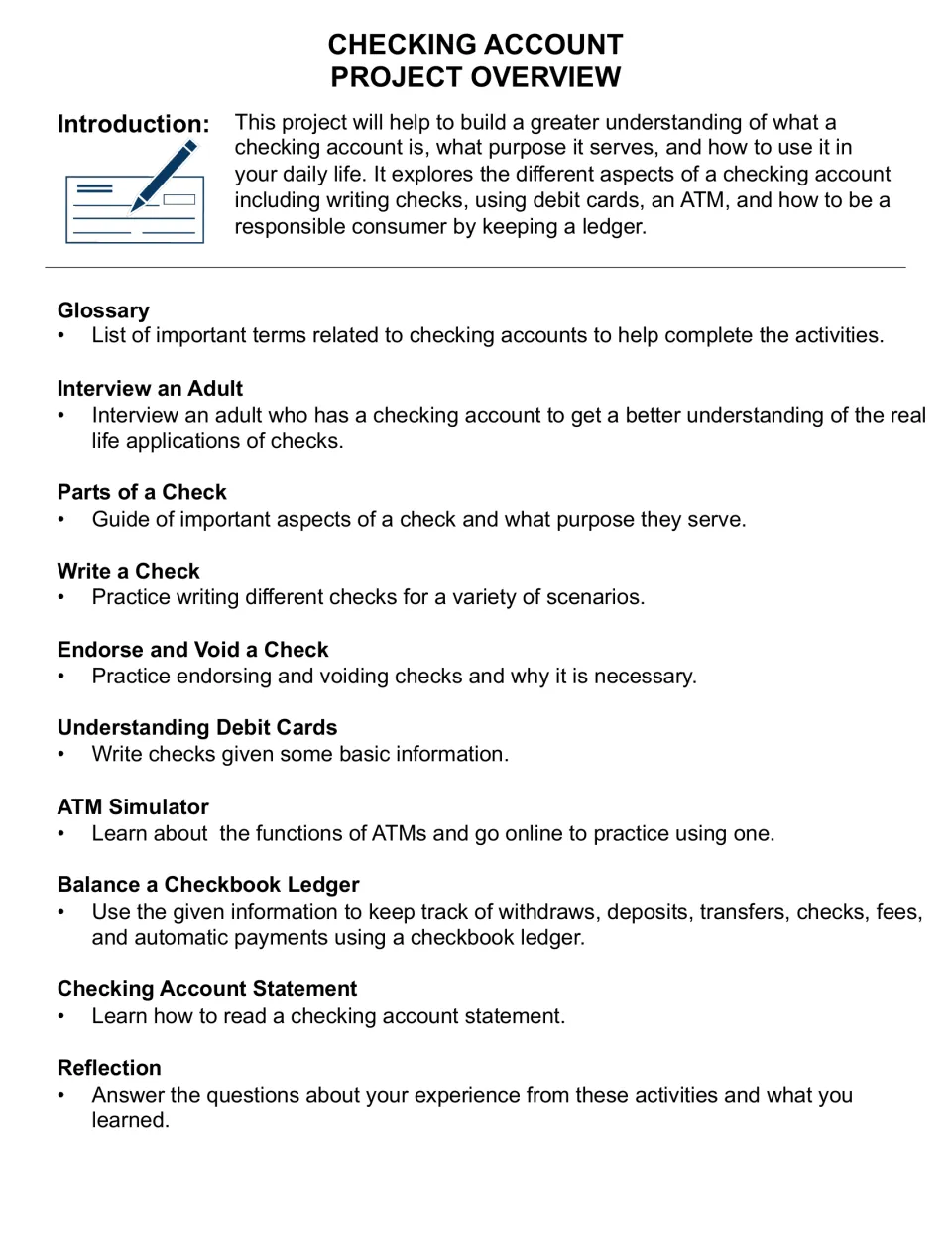 Overview of the ten parts: glossary, adult interview, check writing, debit cards, ATM simulator, ledger and reflection