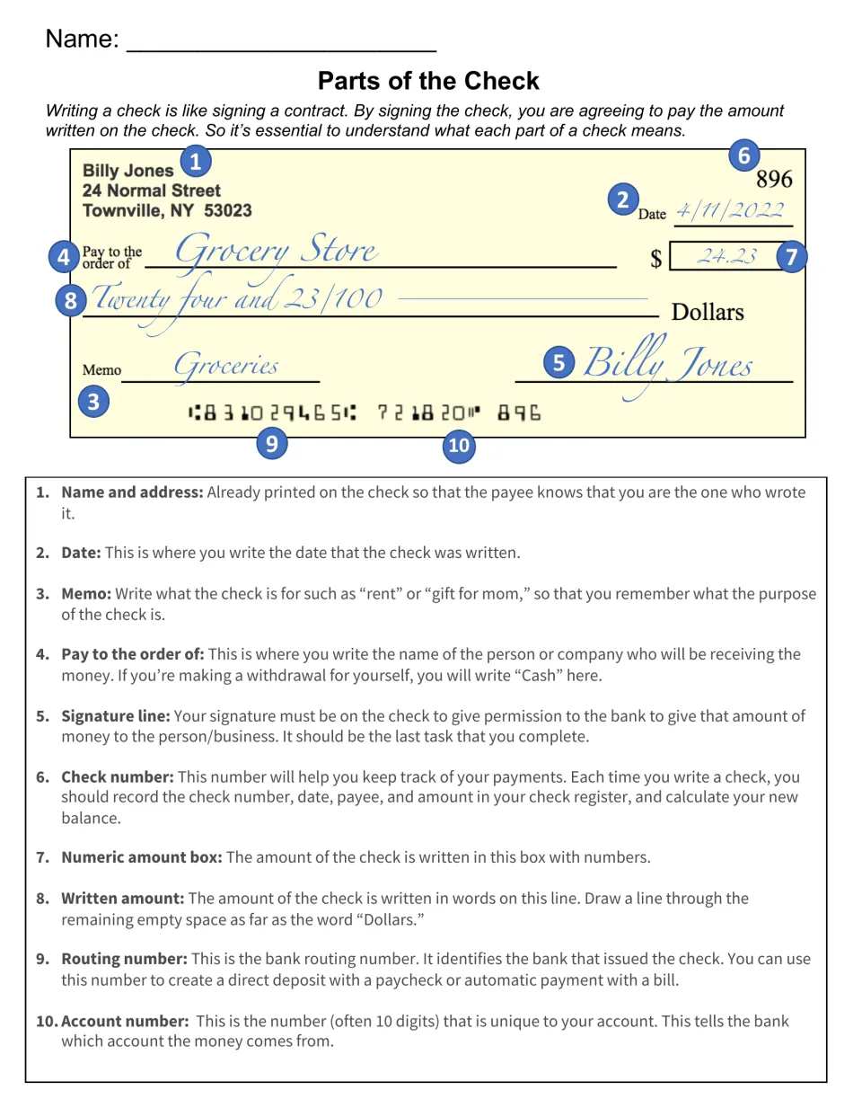 Parts of the Check: 10 numbered labels on a sample check, each defined, from payee and memo to routing and account numbers