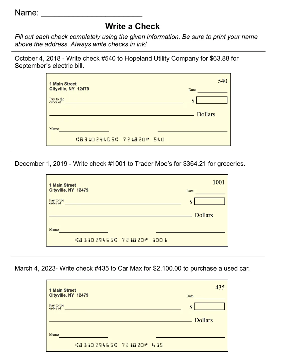 Write a Check: students fill out three blank checks for a utility bill, groceries and a used car from dates and amounts