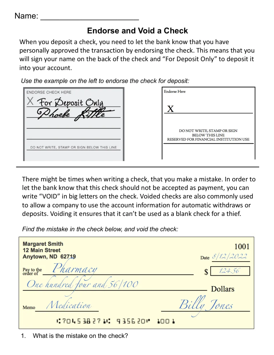 Endorse and Void a Check: students endorse a check for deposit, then find the error on a signed pharmacy check and void it