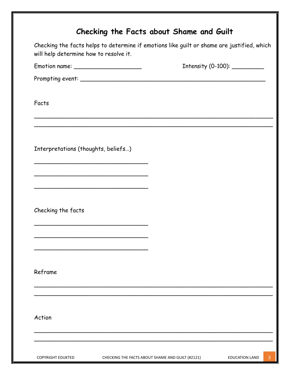 Blank shame and guilt form: students rate the emotion 0-100, list facts and thoughts, check them, reframe and plan action
