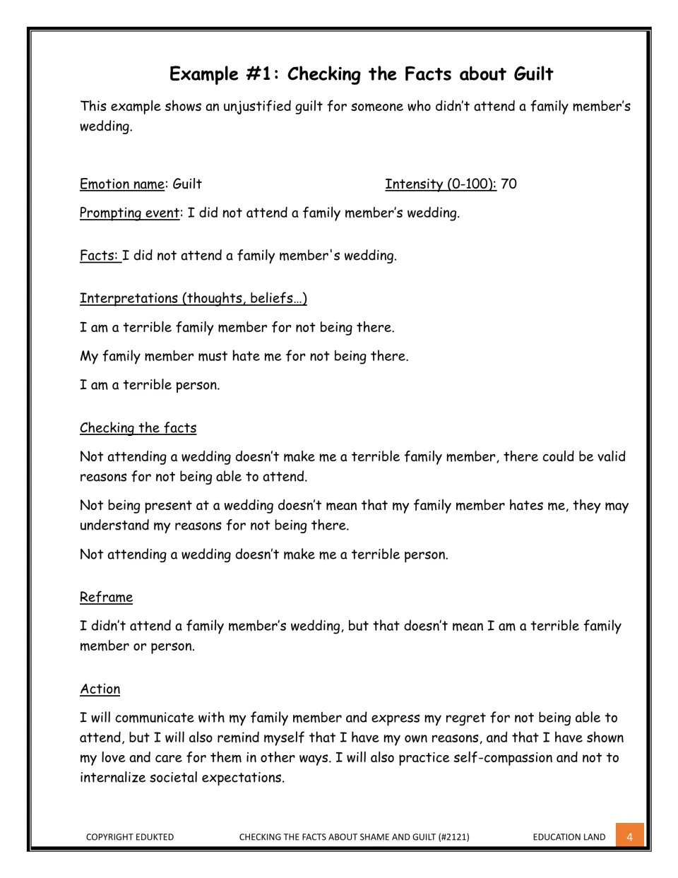 Example 1, unjustified guilt over missing a family wedding: thoughts like 'I am a terrible person' are checked and reframed