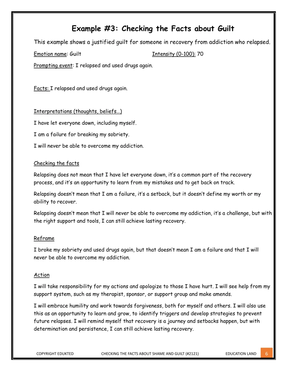 Example 3, justified guilt after a relapse in addiction recovery: beliefs like 'I am a failure' are checked and reframed