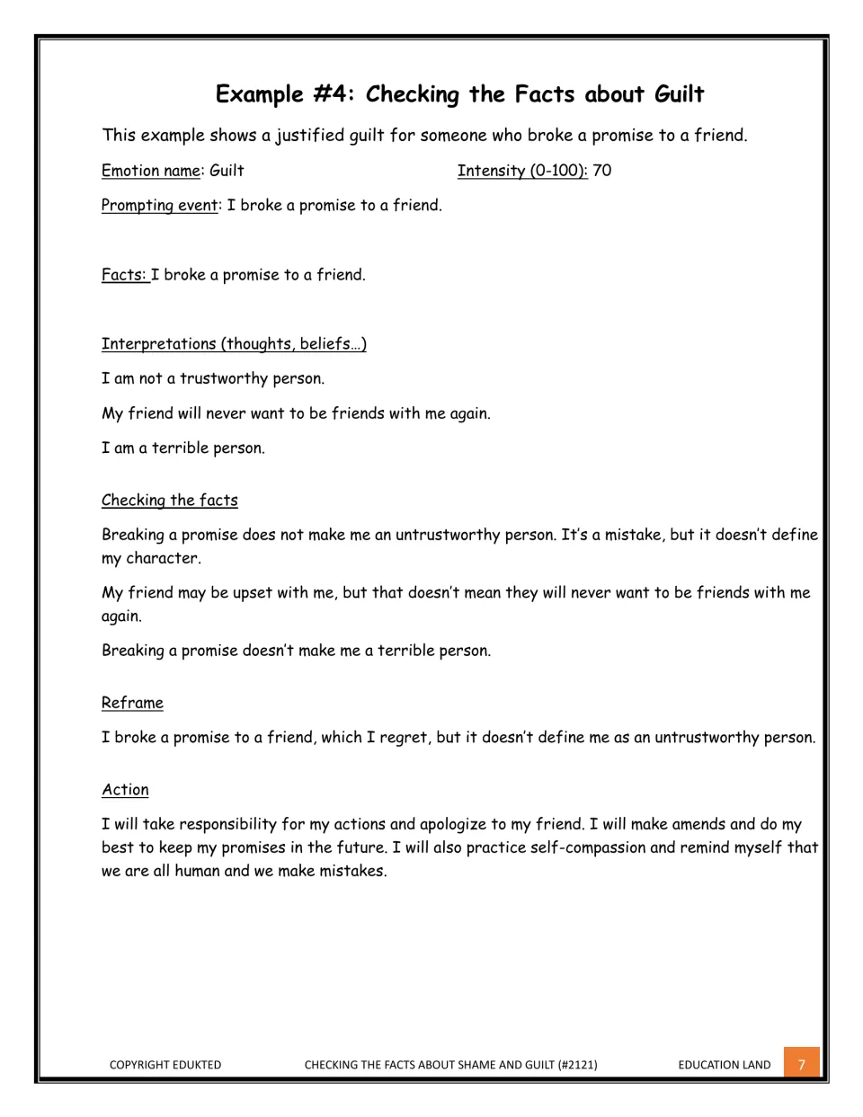 Example 4, justified guilt over breaking a promise to a friend: 'I am not a trustworthy person' is checked and reframed