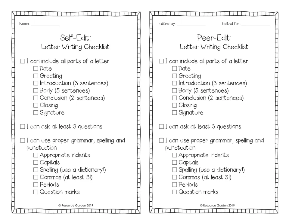Letter writing self-edit and peer-edit checklists: students check letter parts, 3 questions, grammar and punctuation
