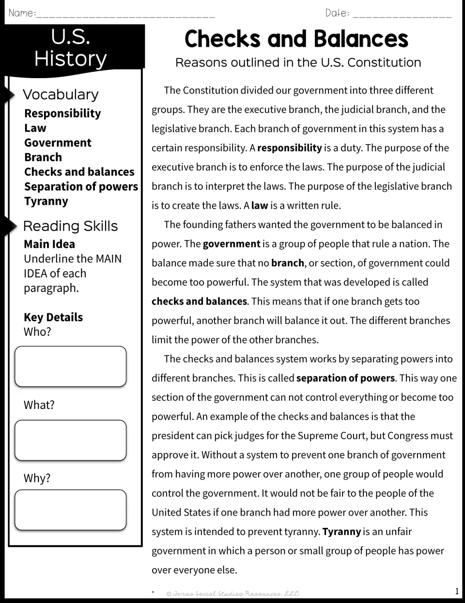 Checks and balances passage on the three branches; students underline main ideas and note who, what and why details