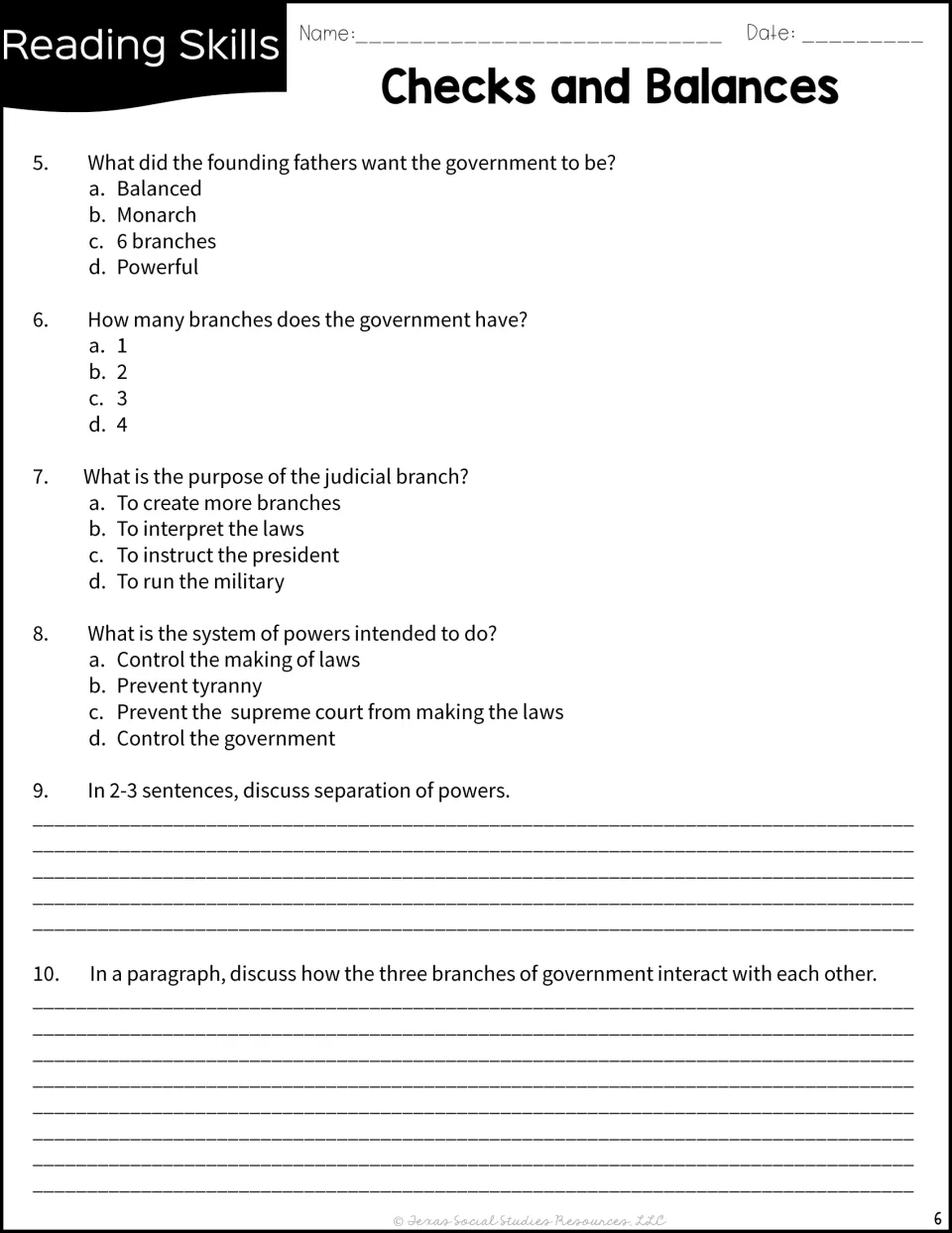 Multiple-choice questions 5 to 8 on the founders' goals and judicial branch, then written responses on separation of powers