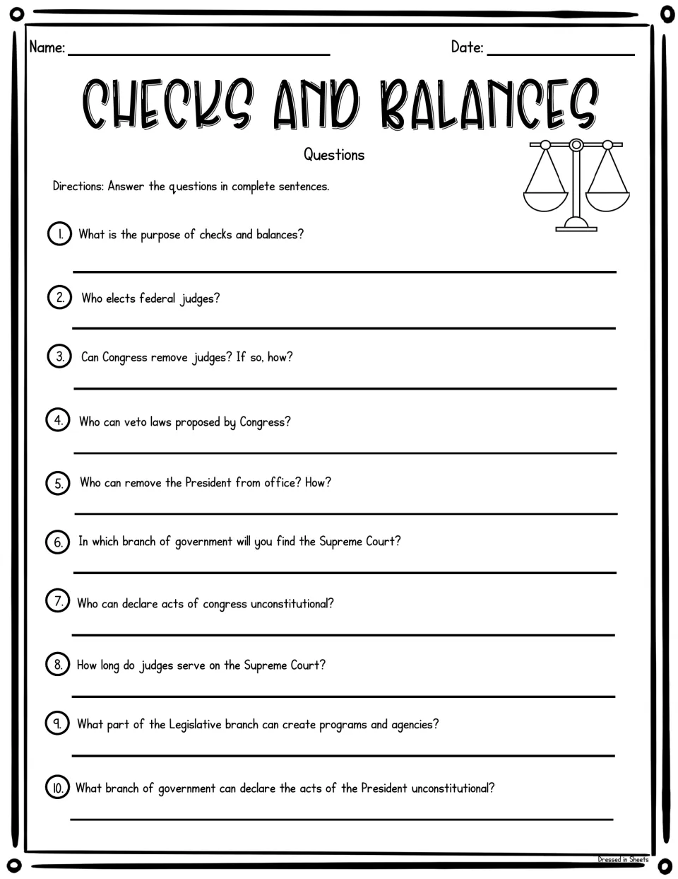 Checks and balances questions: students answer 10 items on vetoes, impeachment, judges and the Supreme Court in sentences