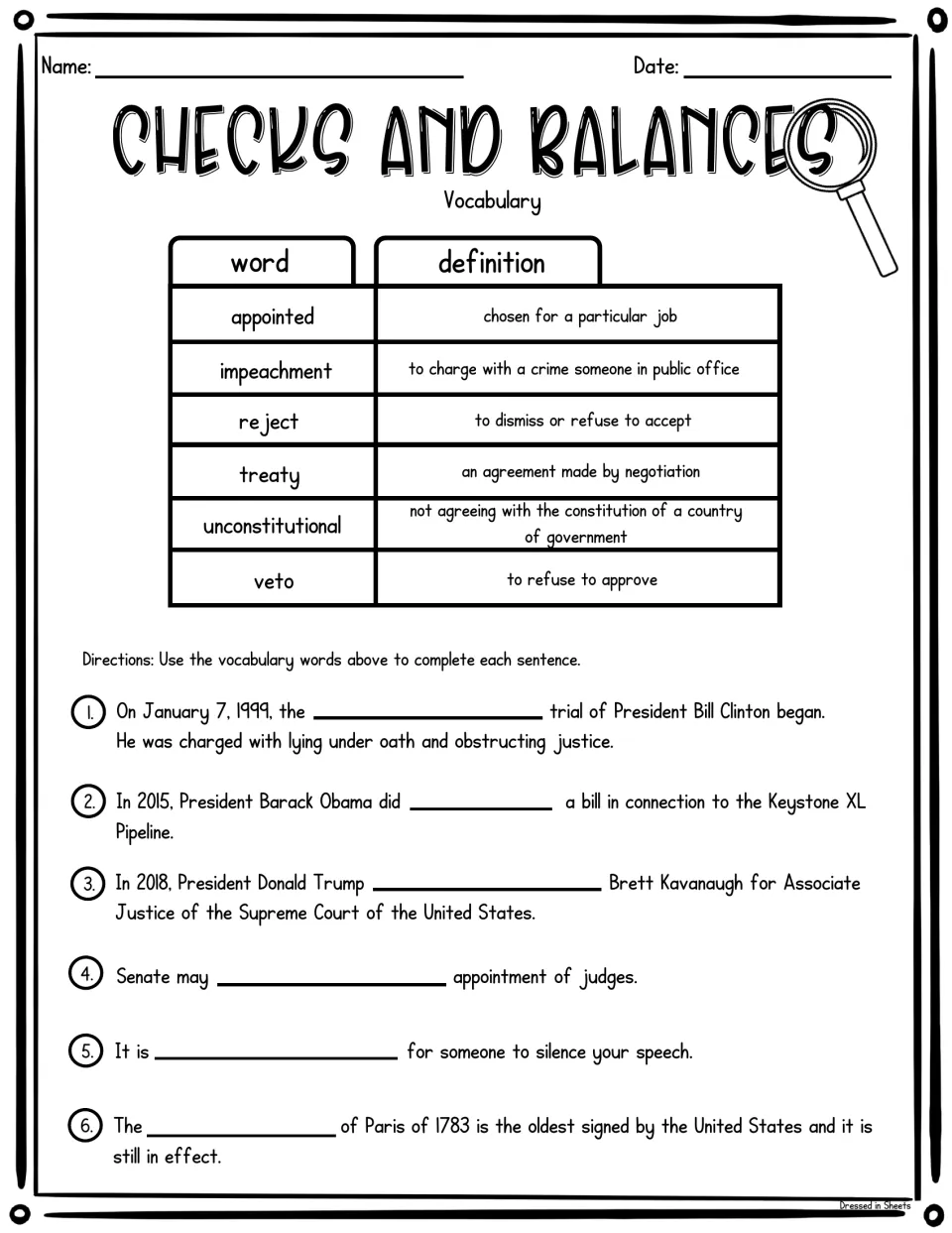 Government vocabulary: six terms such as veto, treaty and impeachment defined, then students fill in six history sentences