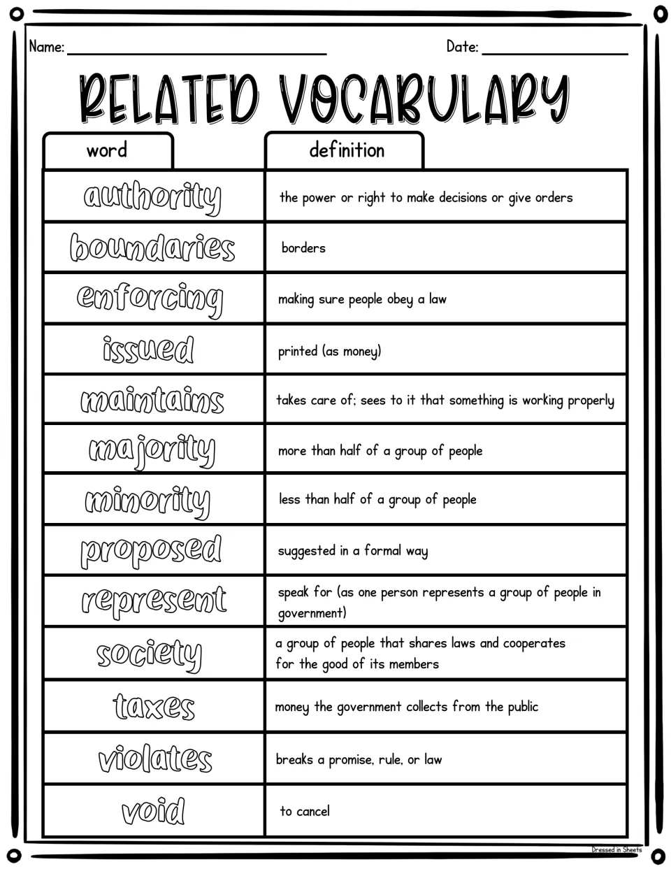 Related vocabulary defining 13 civics words, including authority, majority, minority, represent, taxes and void