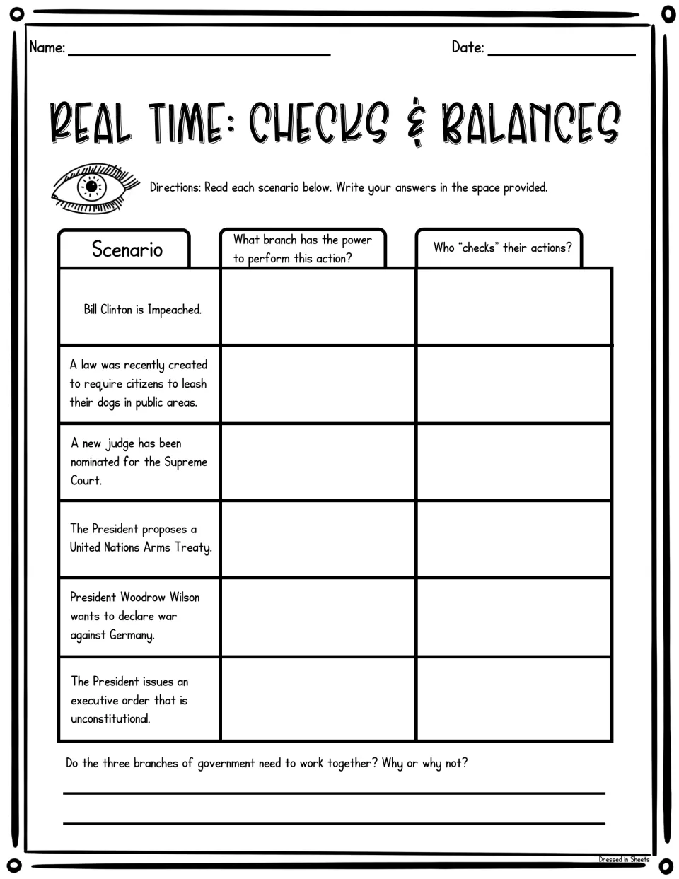 Real Time scenarios: students name which branch acts and who checks it for six events such as Clinton's impeachment