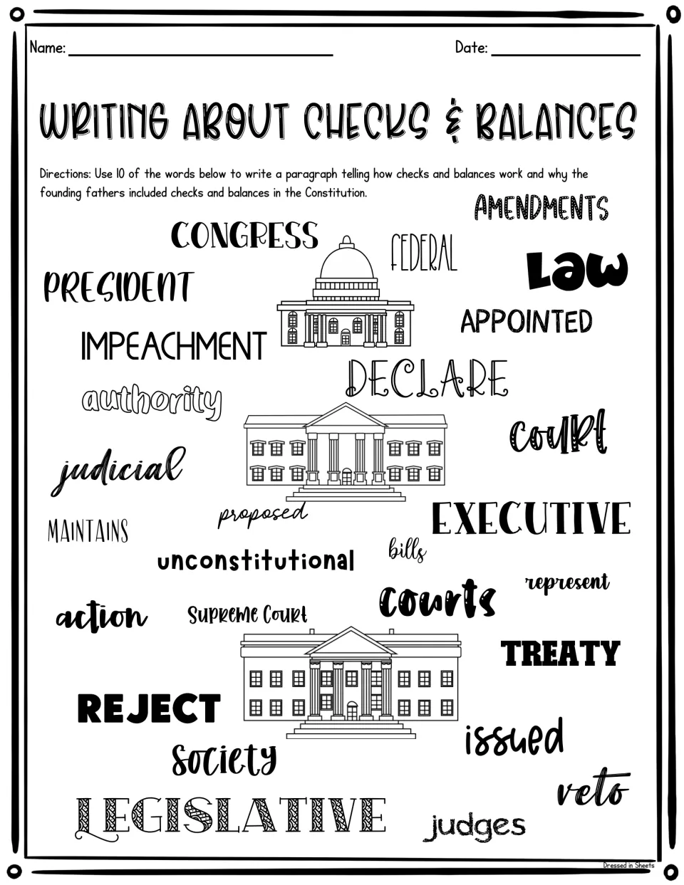 Checks and balances paragraph: students pick 10 word-bank terms to explain how the system works and why founders added it