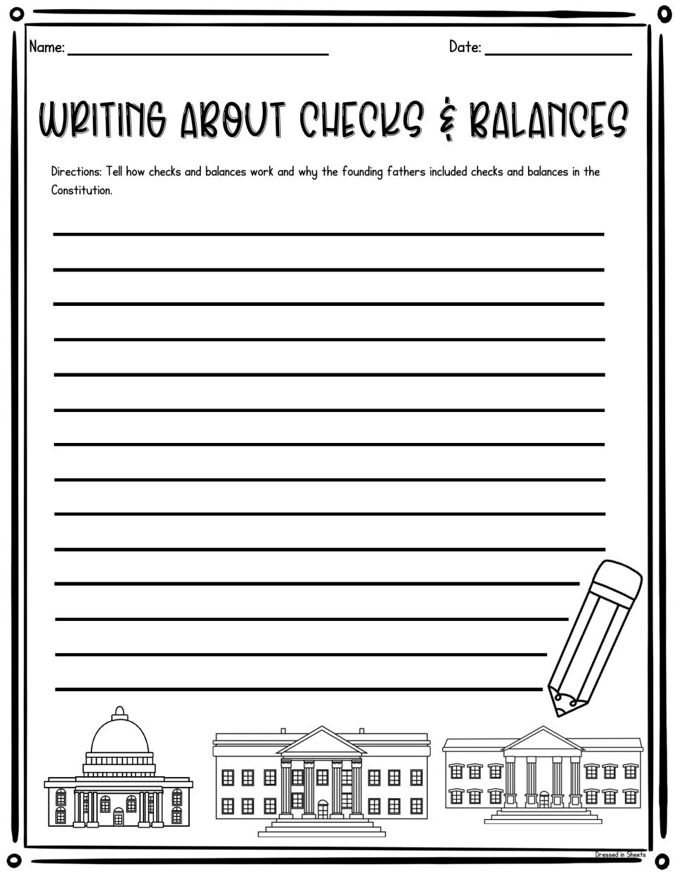 Open writing prompt: students explain how checks and balances work and why the founders put them in the Constitution