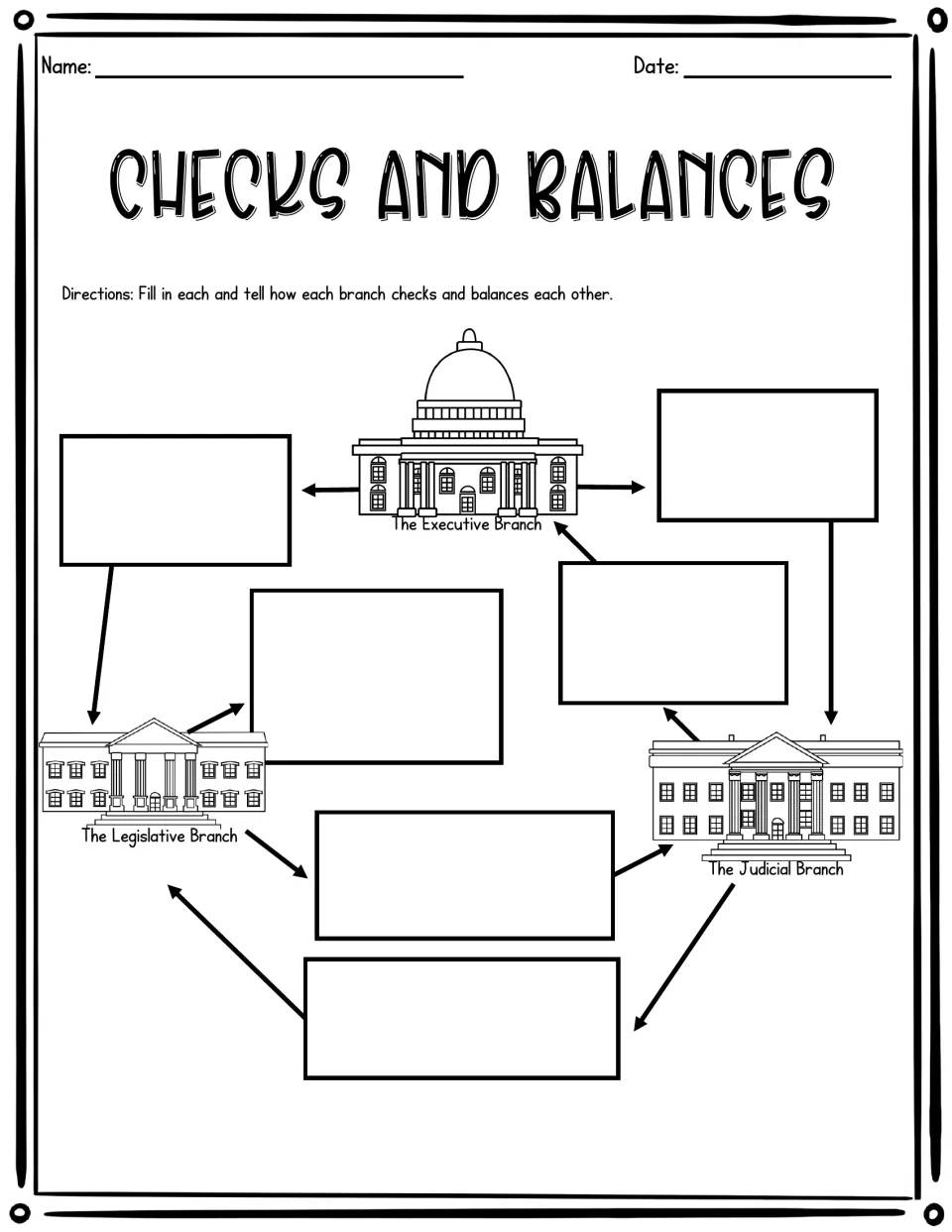 Branch diagram to complete: students fill in how the executive, legislative and judicial branches each check one another