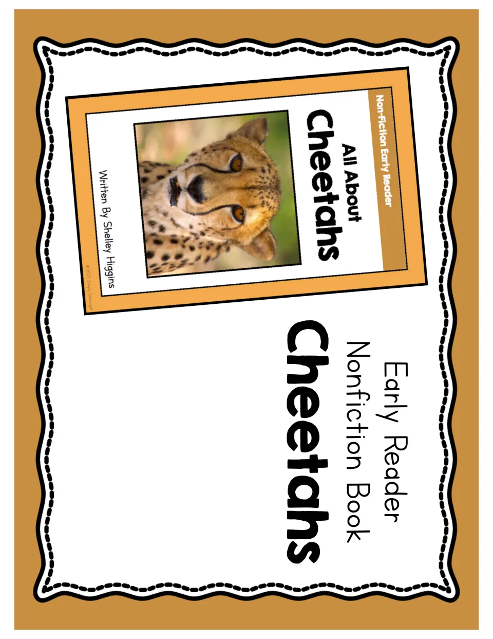 Reading packet cover labeled 'Early Reader Nonfiction Book Cheetahs' with a sample booklet cover