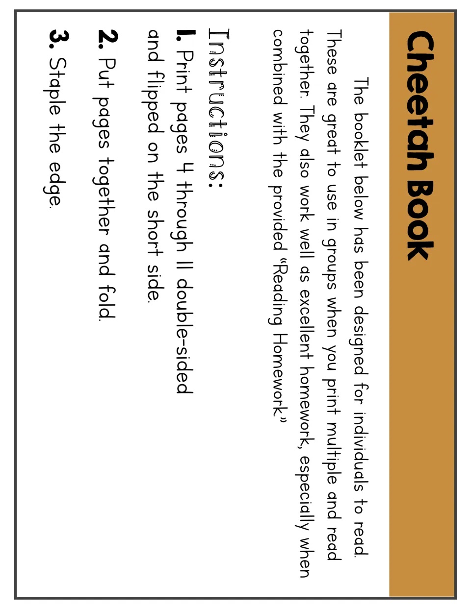Cheetah booklet assembly instructions: print pages 4–11 double-sided, flip on the short side, fold, and staple