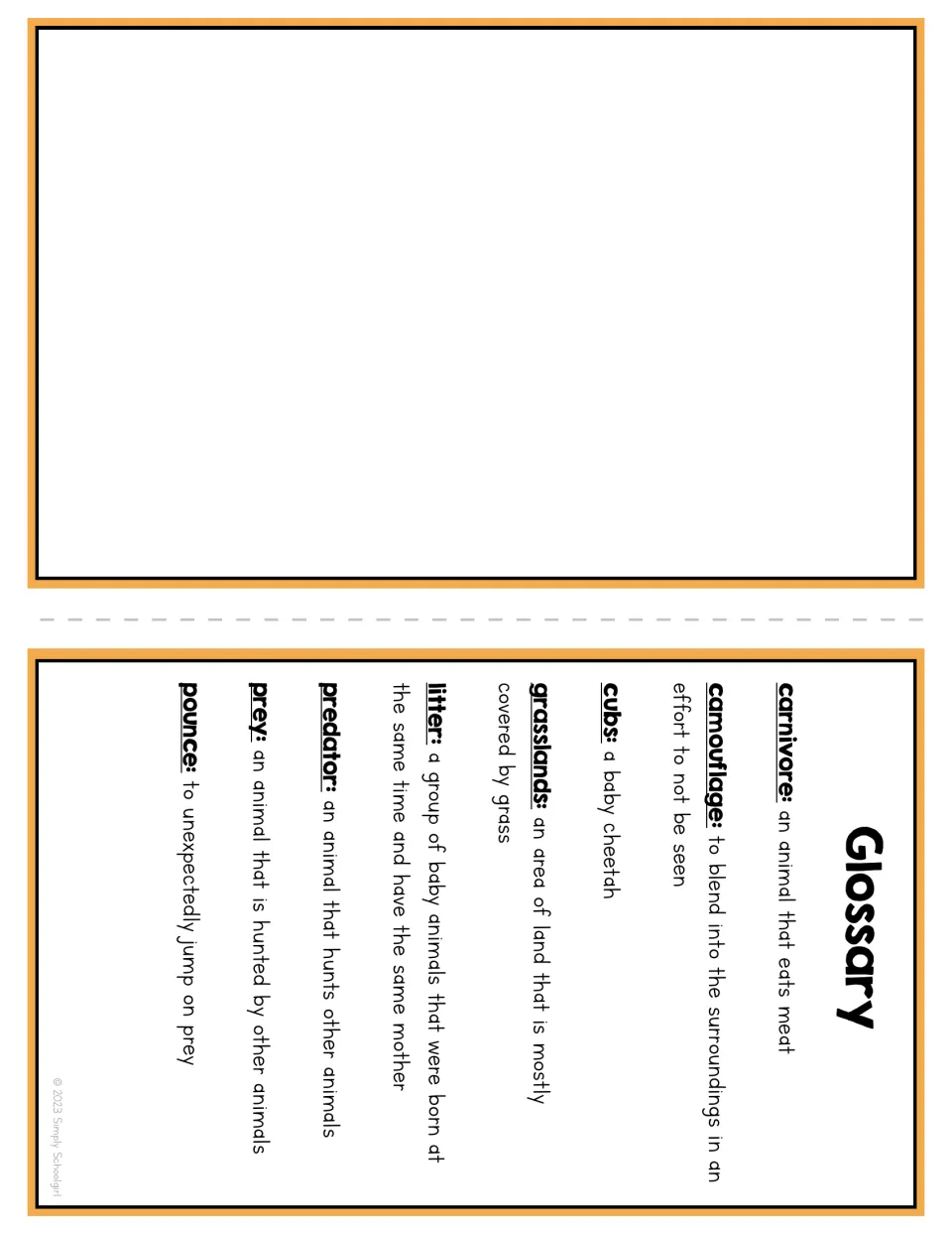 Booklet glossary defines carnivore, camouflage, cubs, grasslands, litter, predator, prey, and pounce