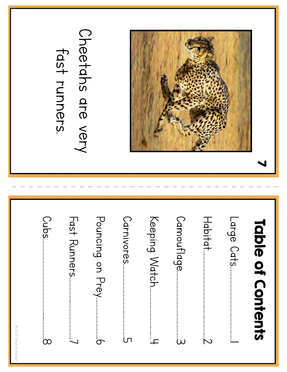 Booklet page 7 says cheetahs are very fast runners; the table of contents lists eight reading topics