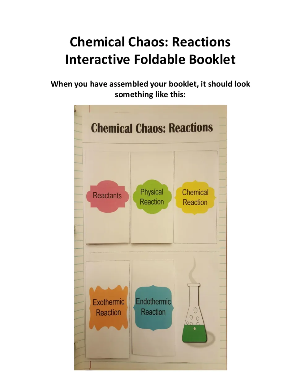 Finished reactions booklet photo: flaps for reactants, physical, chemical, exothermic and endothermic reactions
