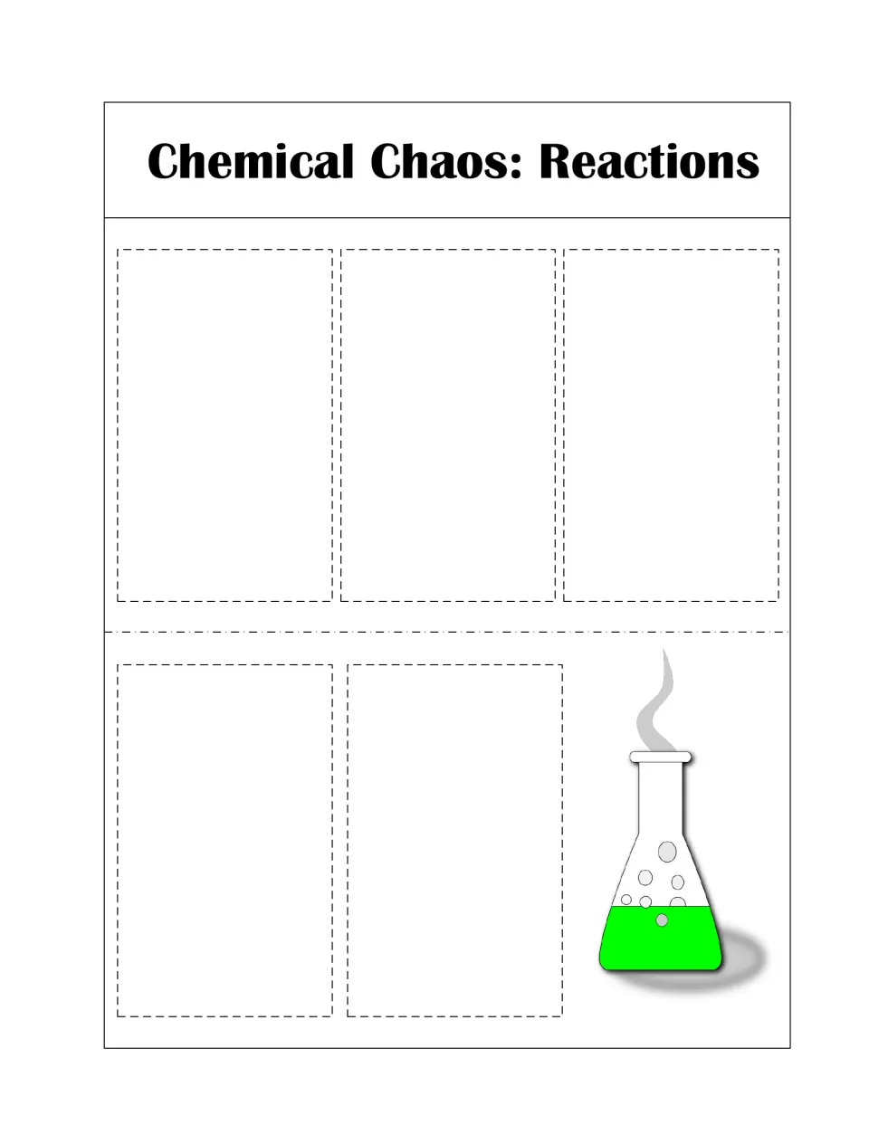 Reactions booklet base page: students glue their five folded flaps here beneath the title, next to a bubbling flask image