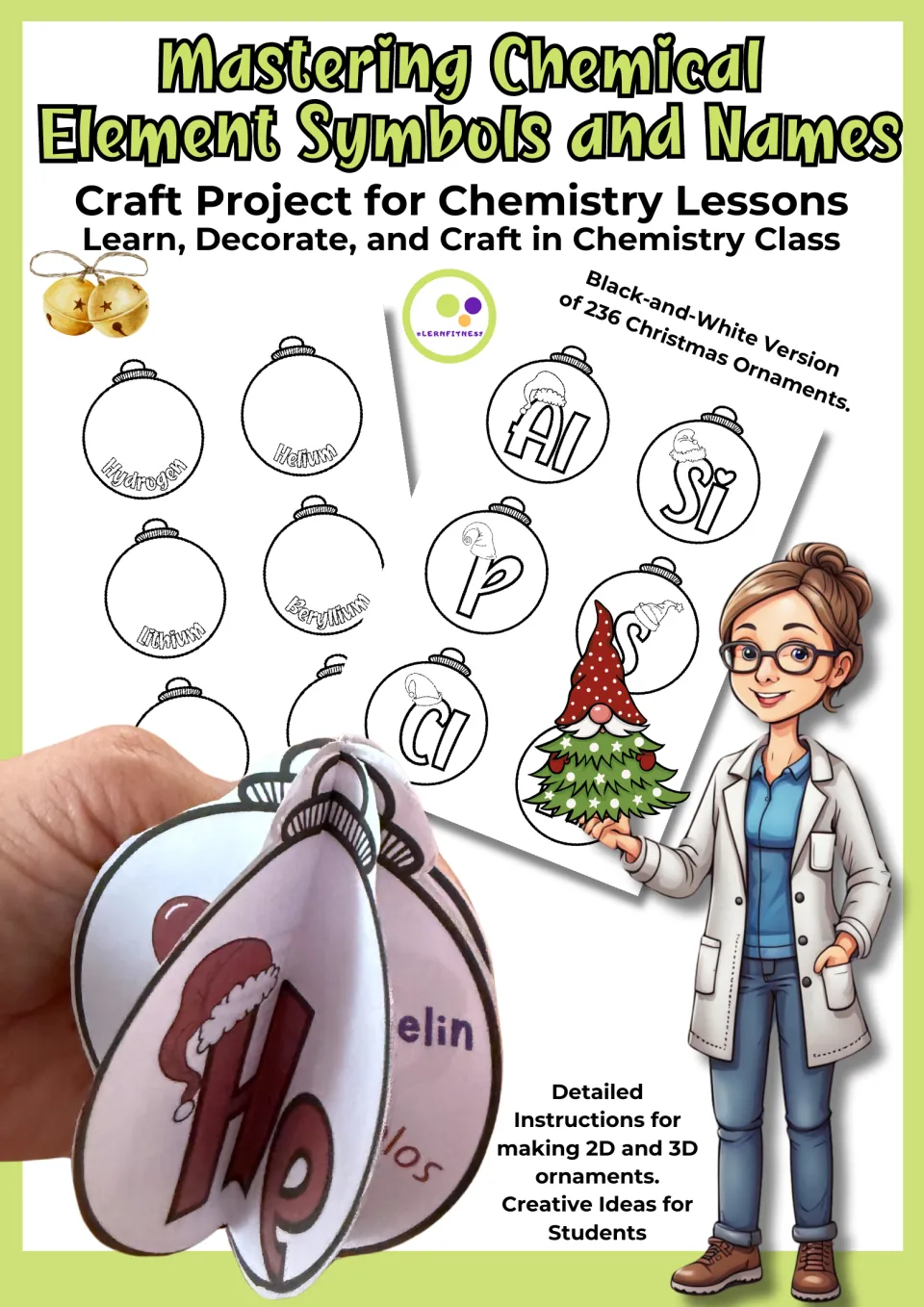 Cover of the chemical element ornament craft resource, showing symbol and name templates and a 3D example