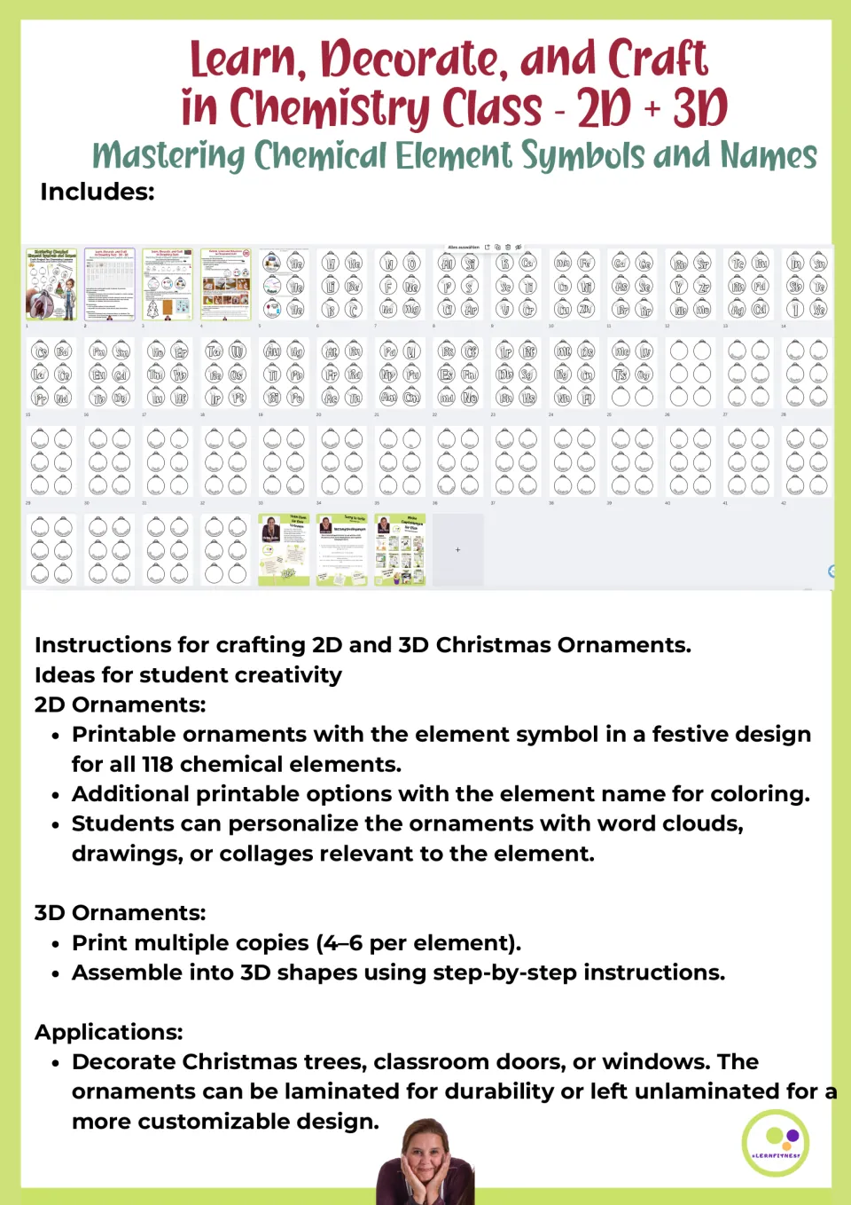 Resource overview showing ornament sheets for all 118 elements and options for 2D and 3D Christmas crafts