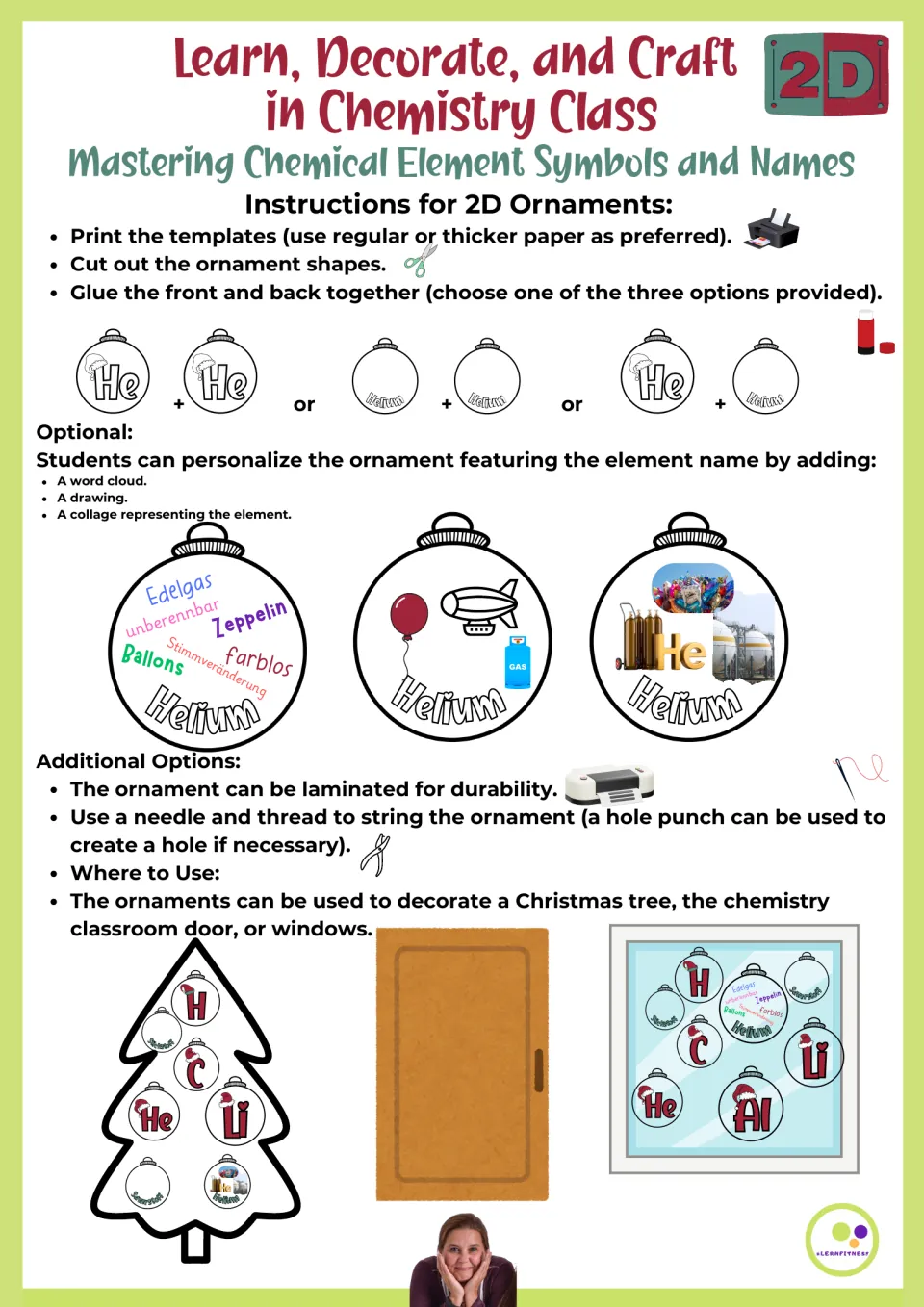 2D ornament instructions: print, cut, glue fronts and backs, and add element word clouds, drawings, or collages