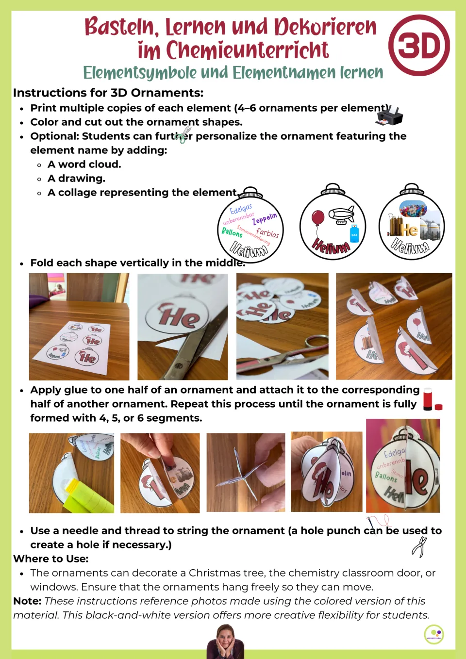 3D ornament instructions: color and cut four to six copies, fold each in half, glue together, and add thread