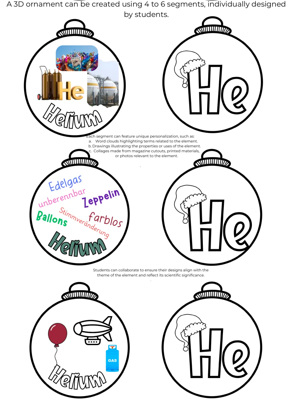 Helium ornament examples pair three He symbols with a collage, a German word cloud, and drawings of uses