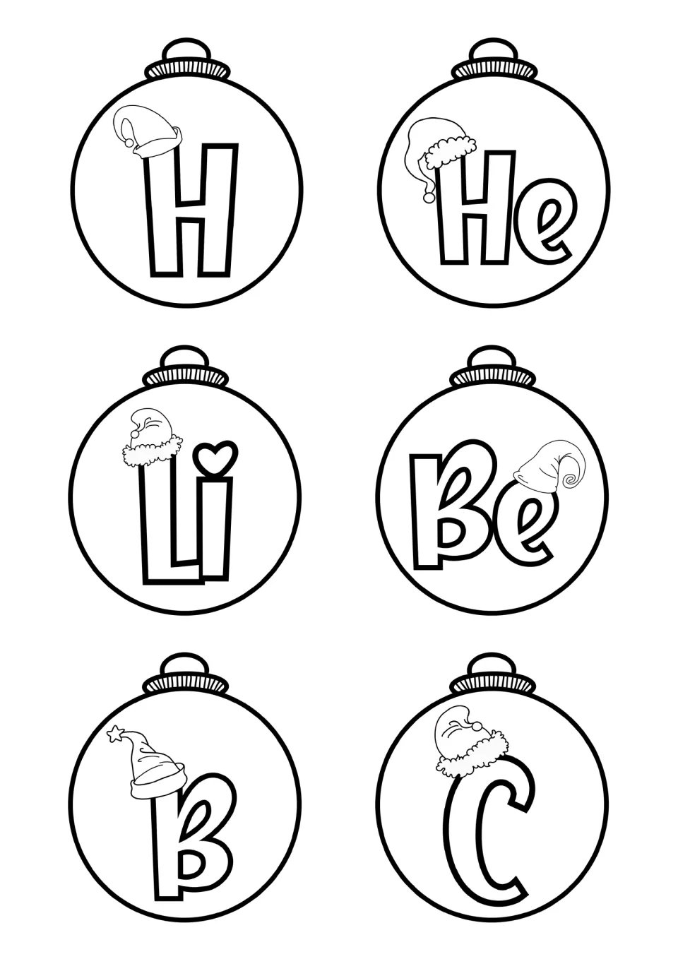 Six Christmas ornament templates show H, He, Li, Be, B, and C for coloring and assembling element crafts