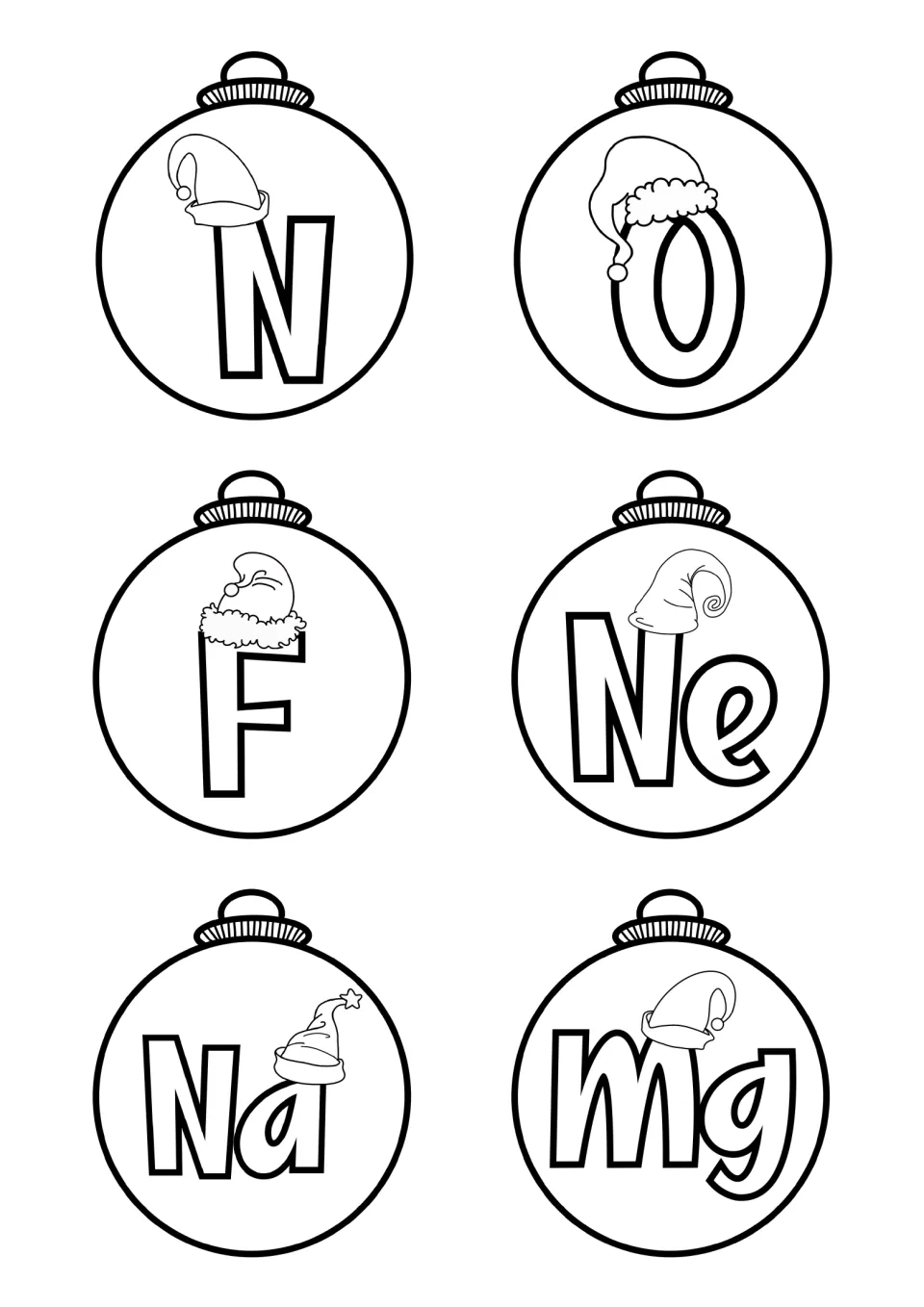 Six Christmas ornament templates show N, O, F, Ne, Na, and Mg for coloring and assembling element crafts