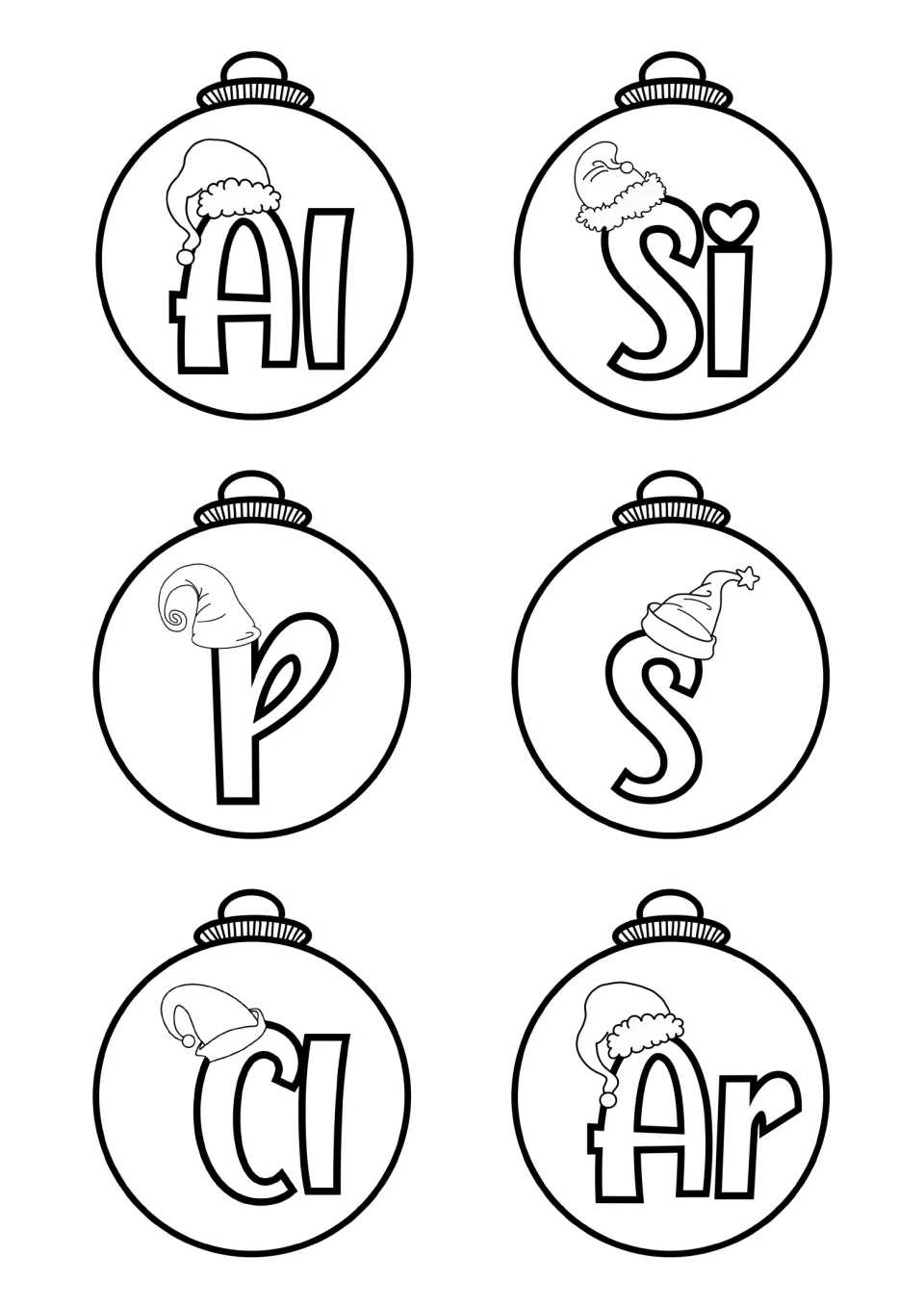 Six Christmas ornament templates show Al, Si, P, S, Cl, and Ar for coloring and assembling element crafts