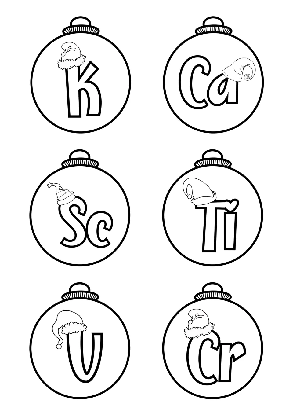 Six Christmas ornament templates show K, Ca, Sc, Ti, V, and Cr for coloring and assembling element crafts