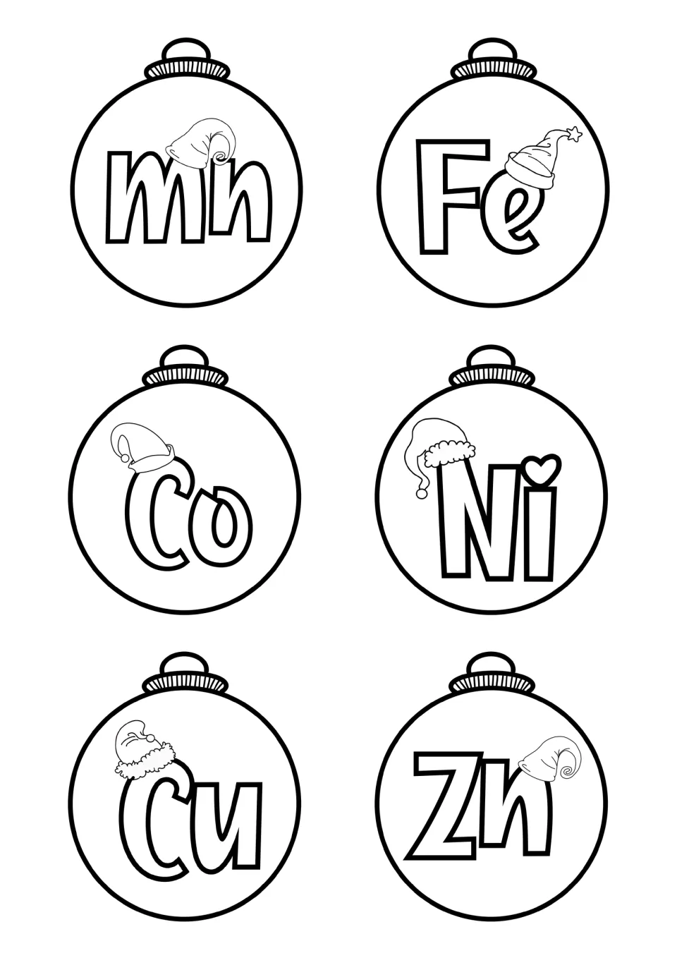 Six Christmas ornament templates show Mn, Fe, Co, Ni, Cu, and Zn for coloring and assembling element crafts