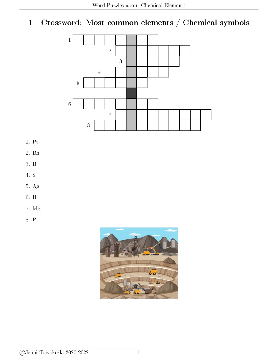 Chemical elements crossword 1 uses eight symbol clues: Pt, Bh, B, S, Ag, H, Mg, and P to identify element names.