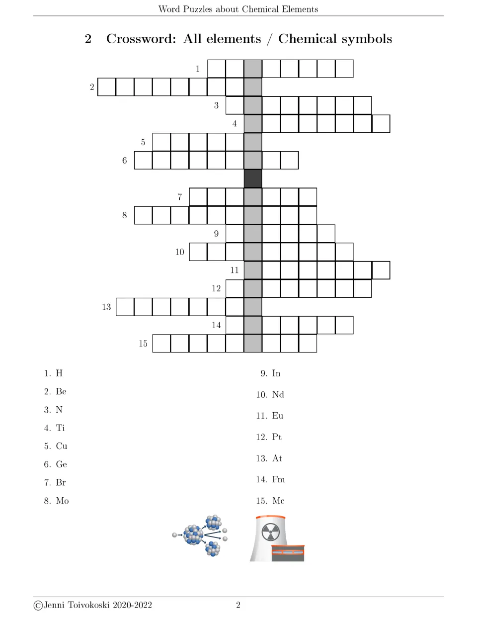 Chemical elements crossword 2 uses 15 symbol clues, including H, Be, N, Ti, Cu, and Ge, for element names.